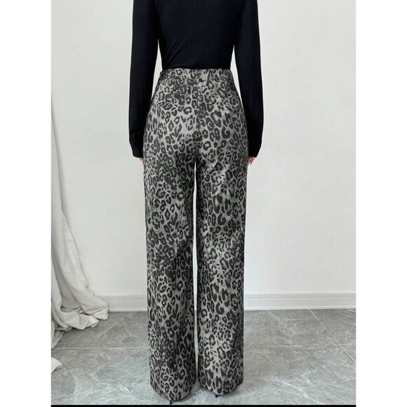 high rise leopard print wide leg pants denim jeans black brown dark - Picture 4 of 7